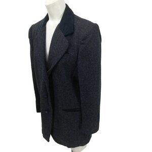 Vintage Tweed Suede Boyfriend  Wool Blazer Jacket Size M Blue 3 Button 80s 90s